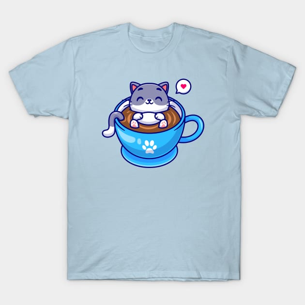 Cute Cat Sleeping In Coffee Cup Cartoon T-Shirt by Catalyst Labs